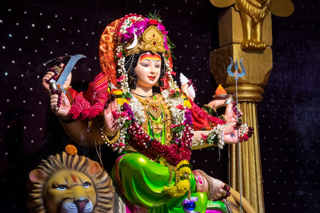 Colorful statue of Goddess Durga during Navratri festival in Mumbai, India.