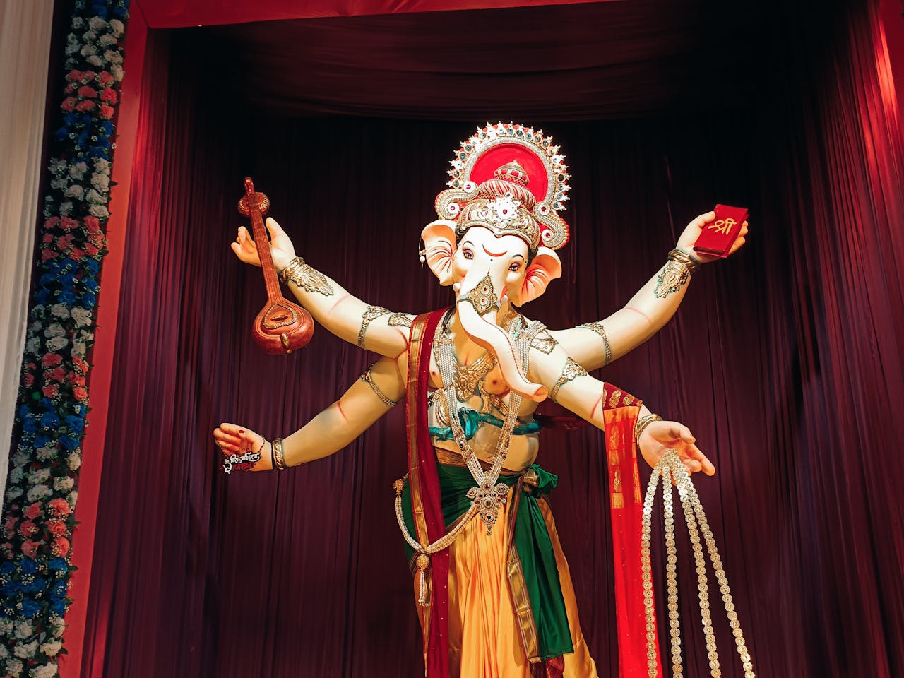 Magnificent Ganesh idol adorned for the Ganesh Chaturthi festival in Mumbai.