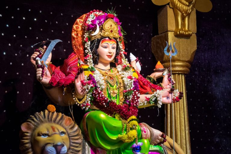 Colorful statue of Goddess Durga during Navratri festival in Mumbai, India.